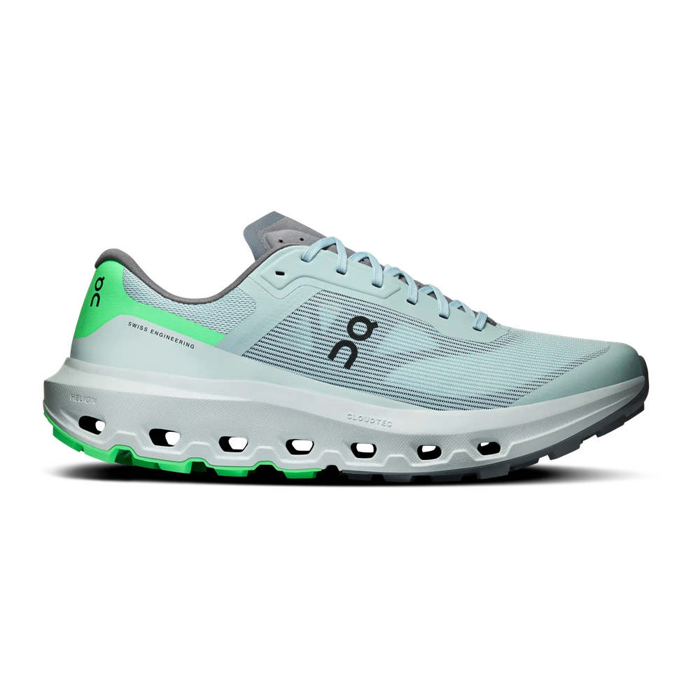 The On Cloudvista 3 trail shoe in pale blue with a green heel and green-edged sole
