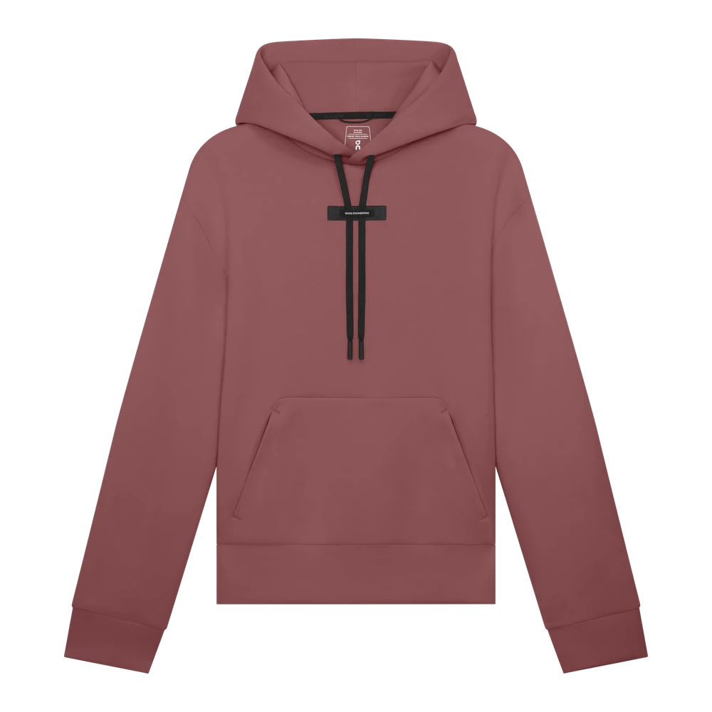The Women's Focus Tech Hoodie in Barberry, a dusty red hoodie with black drawstrings