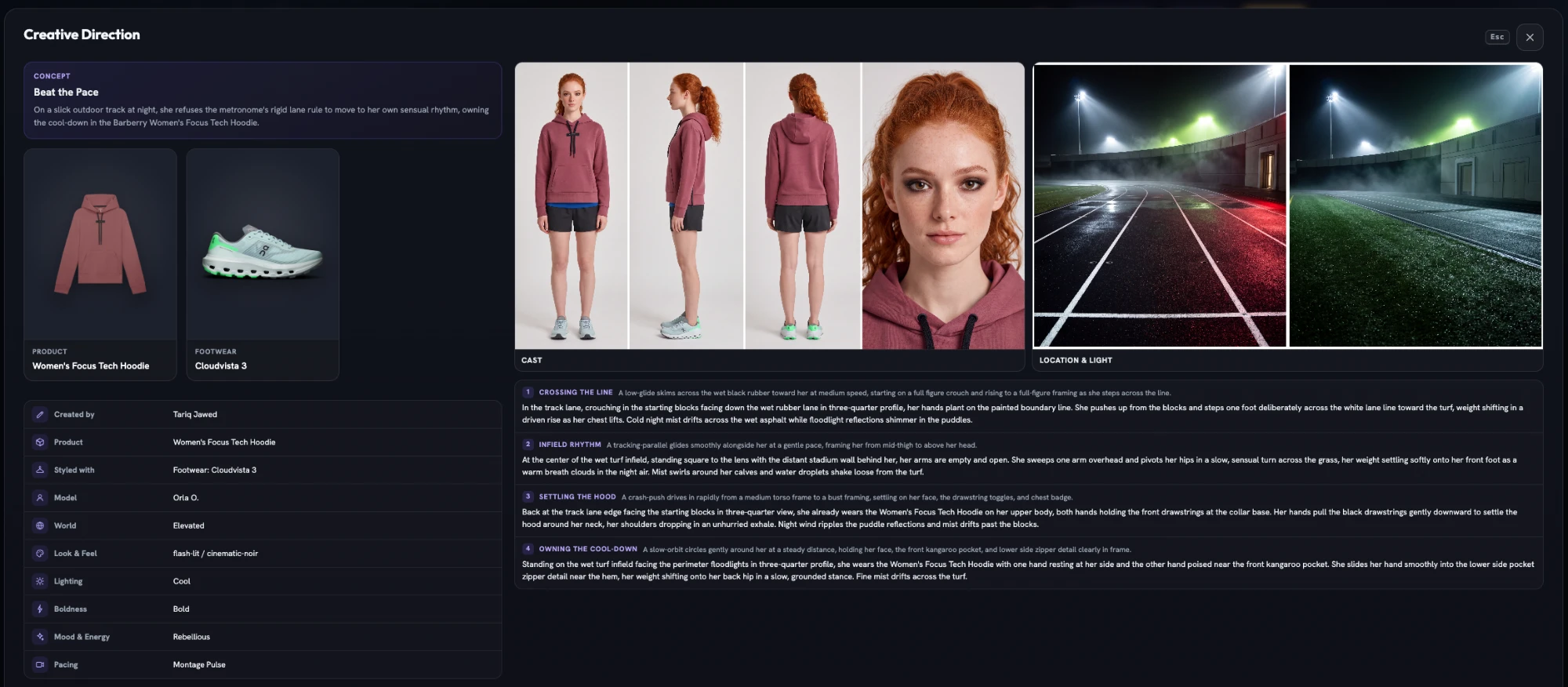 The Creative Direction for Beat the Pace in Fotyra Studio: the concept, the Women's Focus Tech Hoodie as the product and the Cloudvista 3 as footwear, Orla O.'s cast sheet in the hoodie from the front, side and back with a close-up of her face, two location frames of a wet floodlit track and infield in mist, four numbered shots (Crossing the Line, Infield Rhythm, Settling the Hood, Owning the Cool-Down), and the settings: Elevated world, flash-lit cinematic noir, cool lighting, bold, a rebellious mood and Montage Pulse pacing.