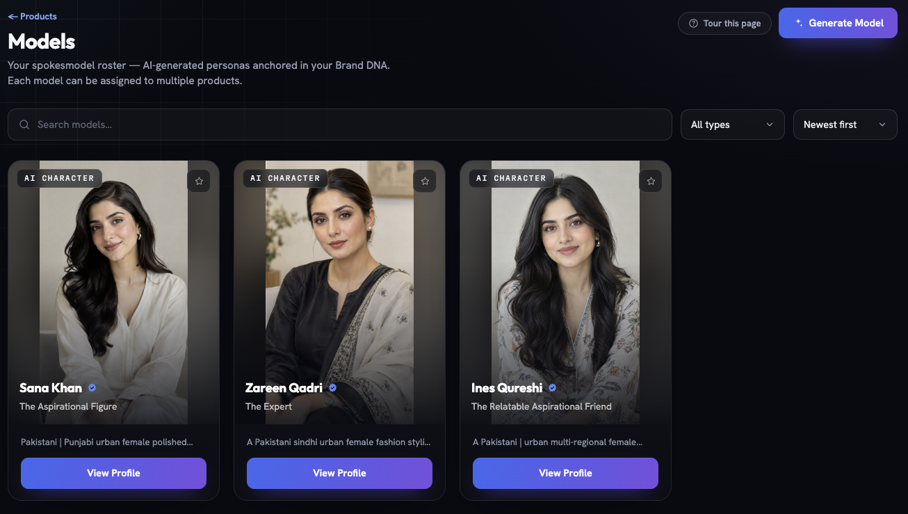 Fotyra Studio's Models page for Sana Safinaz: a spokesmodel roster of AI personas anchored in the Brand DNA, showing Sana Khan, The Aspirational Figure, Zareen Qadri, The Expert, and Ines Qureshi, The Relatable Aspirational Friend, each with a profile card and a Generate Model button.